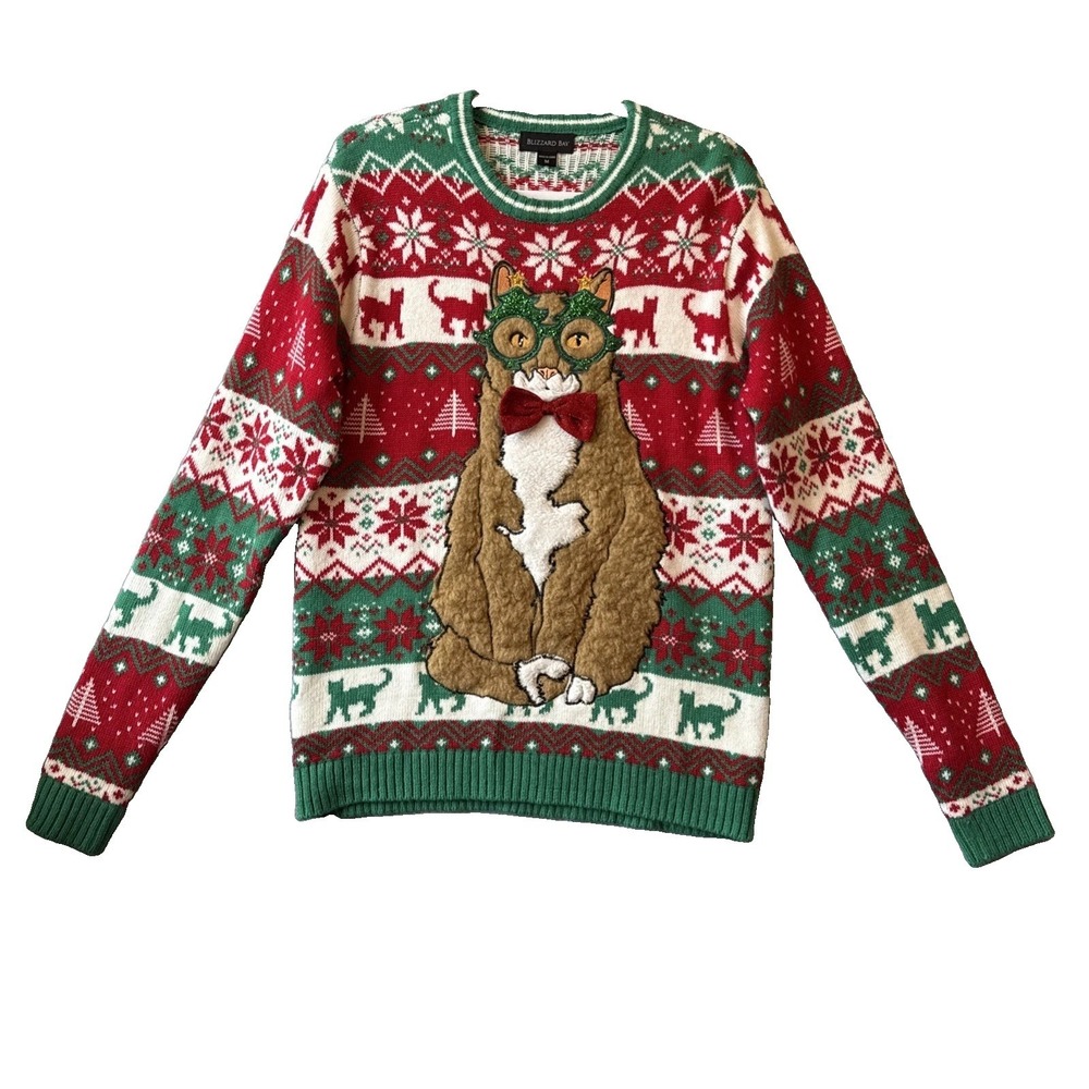 Blizzard Bay Ugly Christmas Sweater M Crazy Cat Kitten Bowtie Festive Holiday